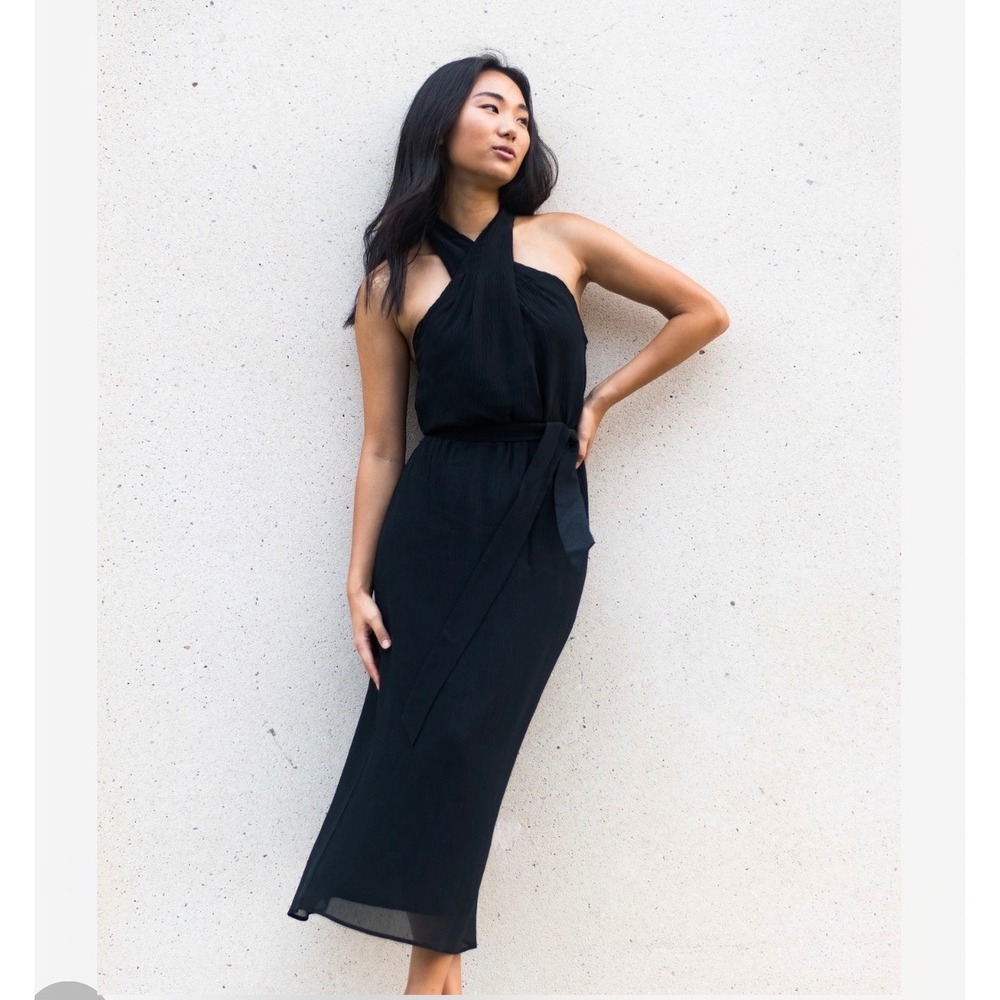 Marie Oliver Heidi Black Pleated Halter Midi Dress V-Neck Wrap Bodice Cocktail 2